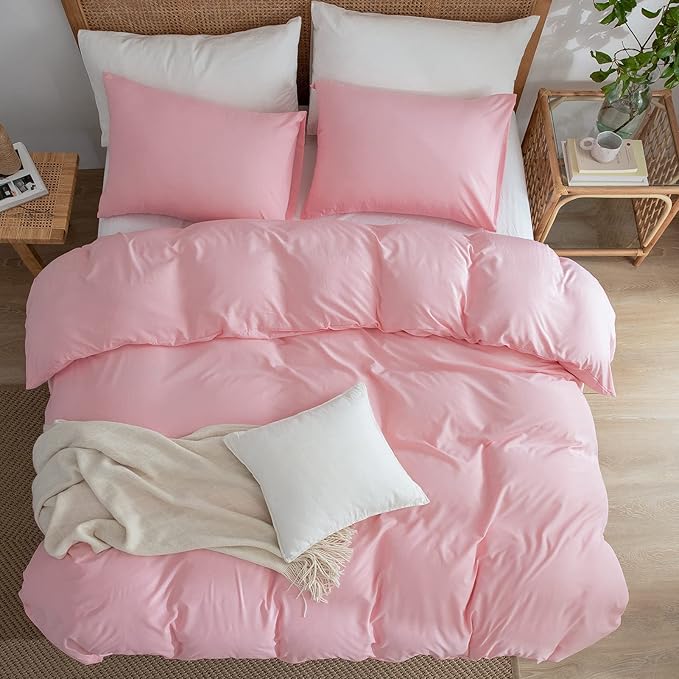 Jane yre Pink Duvet Cover Twin 100% Washed Microfiber 3 Pieces Pink Bedding Twin, 1 Duvet Cover +2 Pillowcases with Zipper Closure, Soft Natural Slight Wrinkled Comfy