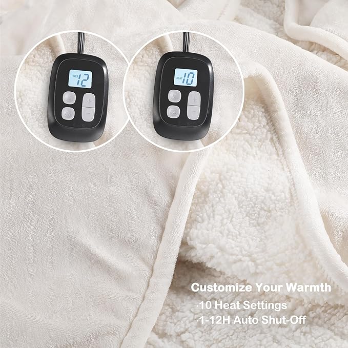 Electric Heated Blanket King Size - 90"x100", Soft Flannel Heating Blanket, 10 Heating Levels, 1-12 H Auto Shut Off, Breathable Warm and Washable for Bed, White