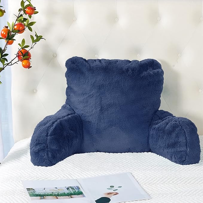 Plush Faux Fur Backrest Reading Bed Rest Pillow with Arms and Pockets for Sitting in Bed Couch Sofa, Back Support Wedge Cushion with Removable Cover, 20" x 18" x 17", Dark Blue