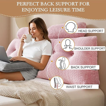 YOUR MOON Wedge Headboard Pillow Full with 2 Pack Neck Roll Pillows, Triangular Wedge Backrest Pillow Headboard for Bed,Daybed,and Lounging, Large Bed Bolster Pillows,Pink