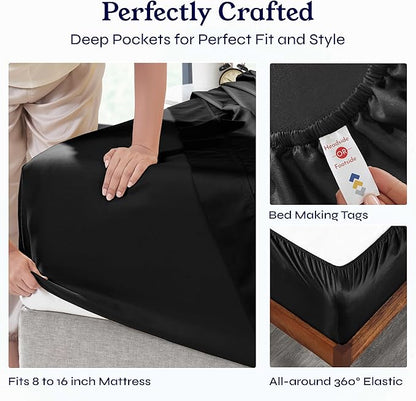 California Design Den Natural 100% Cotton Sheets, Soft Queen Sheet Set, 400 Thread Count Sateen, Deep Pockets with All-Around Elastic for a Snug Fit, Durable Bedding Set - Black