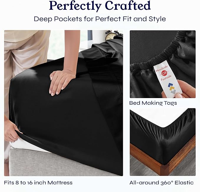 California Design Den Full Size Bed Sheets Set - Soft 400 Thread Count Sateen, Natural 100% Cotton Sheets with Deep Pockets, Breathable, and Durable Bedding Set - Black