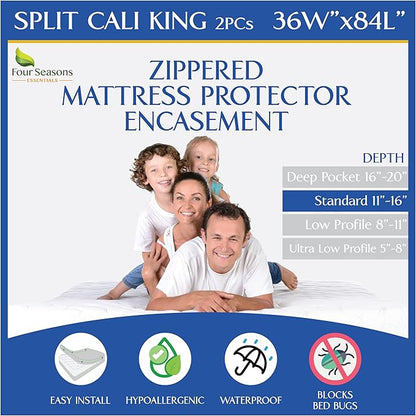 Split Cali King Mattress Encasement 36" x 84" (2PCs) - Waterproof Zippered Protector Hypoallergenic Premium Quality Cover for Adjustable Beds and Split Mattresses (11"-16" Depth)