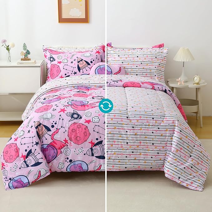 Mooreeke Kids Full Comforter Sets for Girls 8 Pieces Cute Space Cat Bedding Set for Teens Microfiber Pink Kids Bed in A Bag with Comforter, Sheet Set, Shams and Decorative Toy Pillow All Season