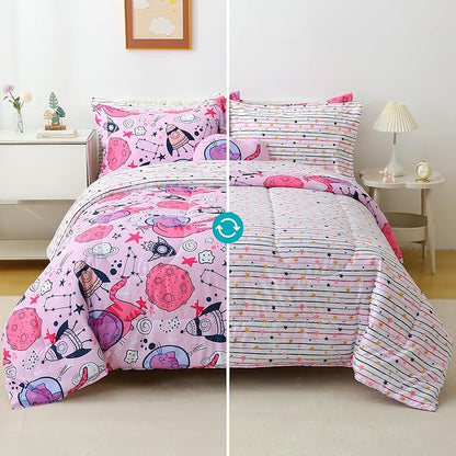 Mooreeke Kids Full Comforter Sets for Girls 8 Pieces Cute Space Cat Bedding Set for Teens Microfiber Pink Kids Bed in A Bag with Comforter, Sheet Set, Shams and Decorative Toy Pillow All Season