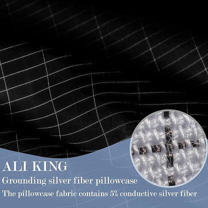 Ali King Grounding Pillowcase, 5% Conductive Silver + 95% Soft Cotton Earth Grounding Pillow Cases with Grounding Cord for Improve Sleep (Black, Queen (20x30inches))