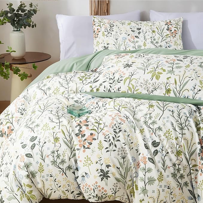 Green Botanical Floral Duvet Cover Set King Size Reversible 3 Pieces Soft Microfiber Sage Green Comforter Cover with Zipper Ties for Men Women