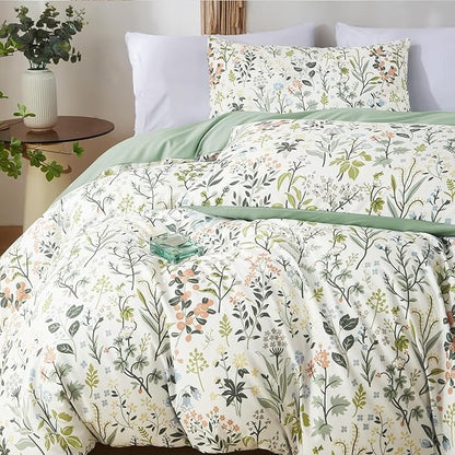 Green Botanical Floral Duvet Cover Set King Size Reversible 3 Pieces Soft Microfiber Sage Green Comforter Cover with Zipper Ties for Men Women