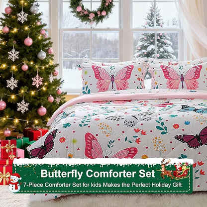 Girls Butterfly Comforter Set Queen Size 7 Piece Bed in A Bag Colorful Flowers Leaves Bedding Set for Kids Teens Super Soft All Season