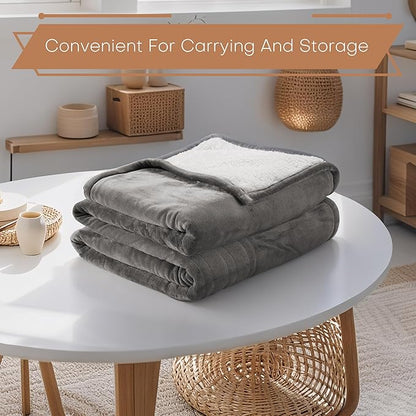 Electric Heated Blanket Throw Size 50"x60" - Flannel & Sherpa Fabric Dual-Sided, Keep Warm All Night, 6 Heat Settings & 1-3 Hours Auto Off, Soft & Cozy, Light Grey