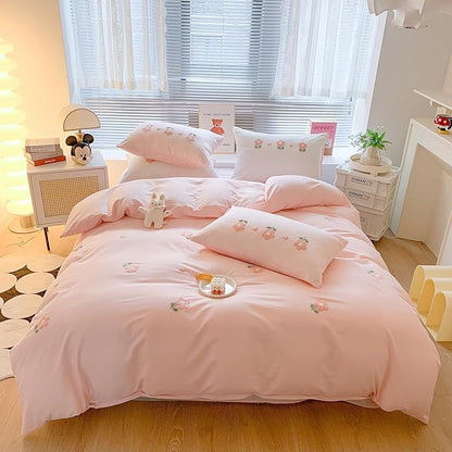 MorroMorn Twin Duvet Cover Cotton, 3D Embroidery Twin Bedding Sets Pink Bed Set, Fluffy Chenille Embroidered Comforter Covers Soft Sweat-Absorbing for Girls Kids Teen (Flowers Pink, Twin/Twin XL)