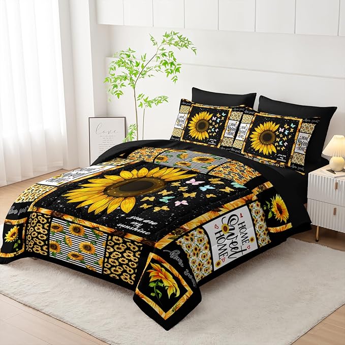 Sunflower Comforter Set 7 Piece Twin Size Bed in A Bag,Flowers Bedding for Room Decor,Soft Sunflower Bedding with Fitted Sheet,Flat Sheet, Pillowcases & Shams