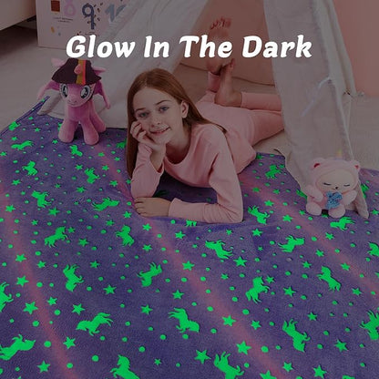 QSTEHEML Unicorns Glow in The Dark Blanket for Girls,Unicorn Gifts for Girls Age 3 4 5 6 7 8 9 10 11 12 Year Old, Soft Unicorns Purple Blanket - Christmas Birthday Bedroom Decor 50"×60"