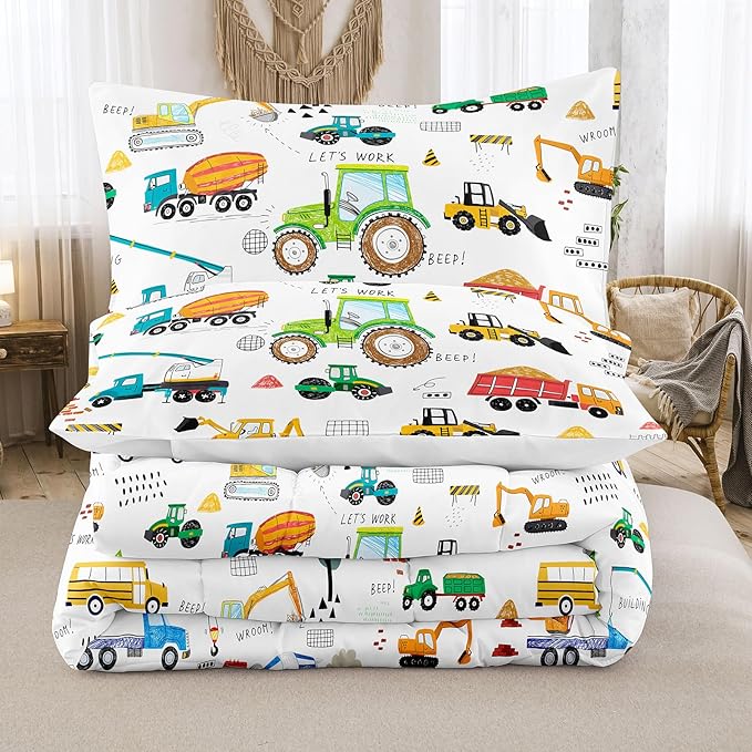 Peopleareok Construction Comforter Set Full (79x90 Inch), 3 Pieces Construction Excavator Tractor Bedding Sets for Boys Toddler Children, Super Soft Microfiber Comforter with 2 Pillowcase