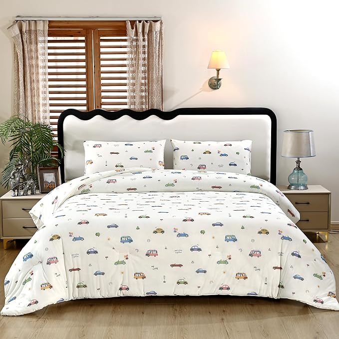 SDIII Cute Cars Comforter Set Queen 3 Pieces, Silky Breathable Microfiber and Spandex, Cartoon Cars Bedding Queen Size for Boys Girls Kids and Teens