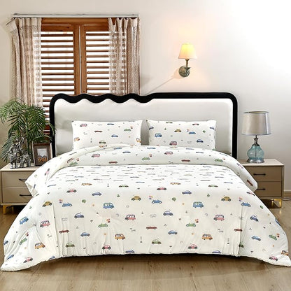 SDIII Cute Cars Comforter Set Queen 3 Pieces, Silky Breathable Microfiber and Spandex, Cartoon Cars Bedding Queen Size for Boys Girls Kids and Teens