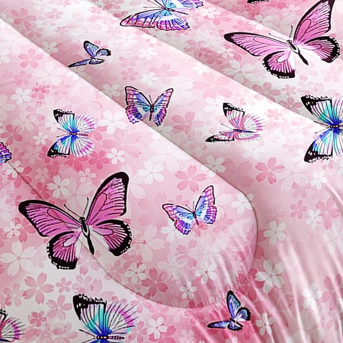 Datura home Kids Comforter Set Girls Pink Flower Butterfly Printed Pattern Quilt Bedding Set with 1 Comforter and 2 Pillowcases for Girls Bedroom All Season(Pink Flower Butterfly Twin 68x86inch)