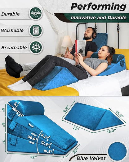 Lunix 5pcs Orthopedic Bed Wedge Pillow Set for Sleeping – Adjustable Post Surgery Back, Leg & Knee Support, Acid Reflux & GERD Relief, Memory Foam Head Pillows, with Hot/Cold Pack, Blue
