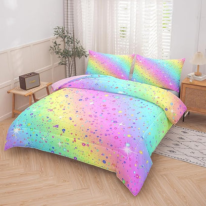 MWMWMW 5 pcs Girls Comforter Set Queen, Kids Rainbow Galaxy Bedding Set, Girls Bed in a Bag Queen with with 1 Comforter, 1 Flat Sheet, 1 Fitted Sheet and 2 Pillowcases