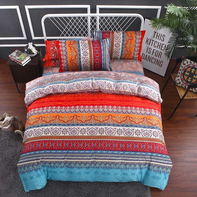 Jane yre King Boho Duvet Cover Brushed Microfiber 3 Pieces Bedding King Bohemian Orange Colorful Retro Print Duvet Cover, with Zipper Closure, Durable Easy Care (NO Comforter)