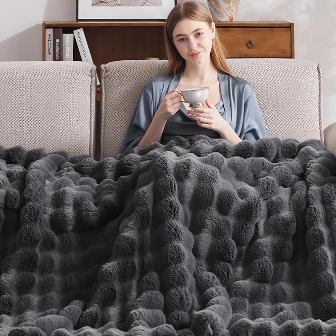 Heated Blanket Full Size with 1/2/4/6/8 Hours Auto-Off 10 Heat Level, 62'' * 84'' Cozy Faux Rabbit Fur Bubble Electric Blanket with Overheat Protection(Dark Grey)