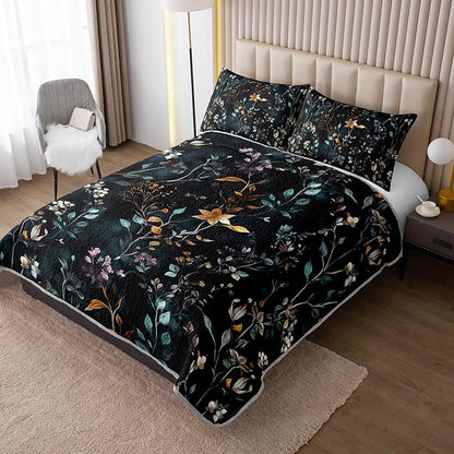 Floral Quilt Set Full Size,3 Pieces Flower Parrten Bed Sets,Garden Style Soft Lightweight Bedding Set with 2 Pillowcases,Colorful Bedding for Adults Kids.