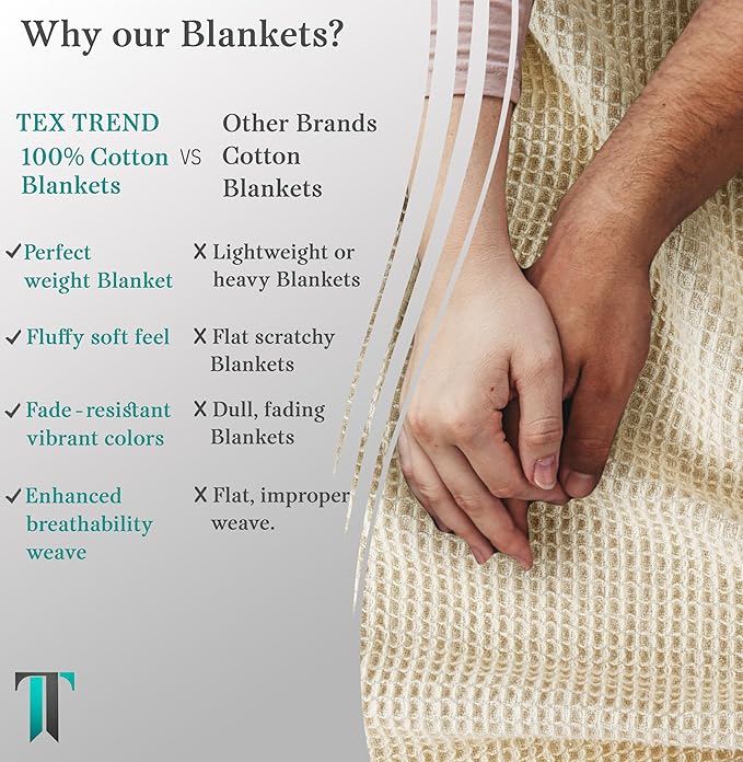Tex Trend Ivory Waffle Blanket – 100% Cotton Blankets Queen Size – Breathable and Soft for Christmas & Winters – Suitable for Bed Layering, Sofa - Ivory (90”x90”)