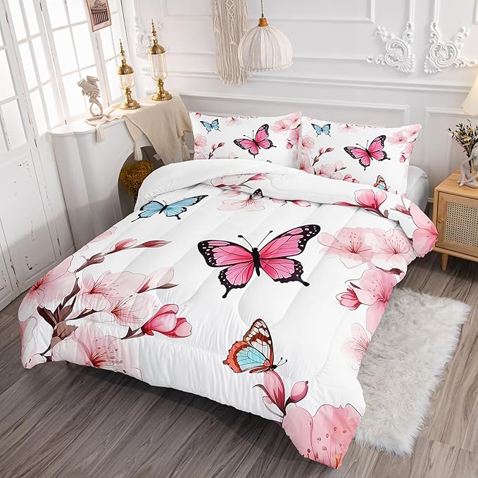 Colorful Butterfly Cherry Blossom Comforter 3Pcs Queen Sakura Flower Romantic Butterfly Bedding Set for Kid Teen Girl Boy Adult Petal Floral Quilt Decor with 1 Comforter and 2 Pillowcases