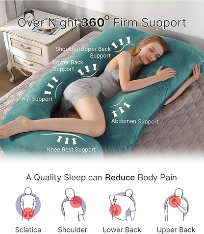 ALLOPERA Pregnancy Pillow, Full Body Maternity Pillow 57 inch, with Removable Washable Cover - Sleep Support for Legs, Back, Neck, Shoulder, HIPS, Belly, Velvet Cover (Dark Green)