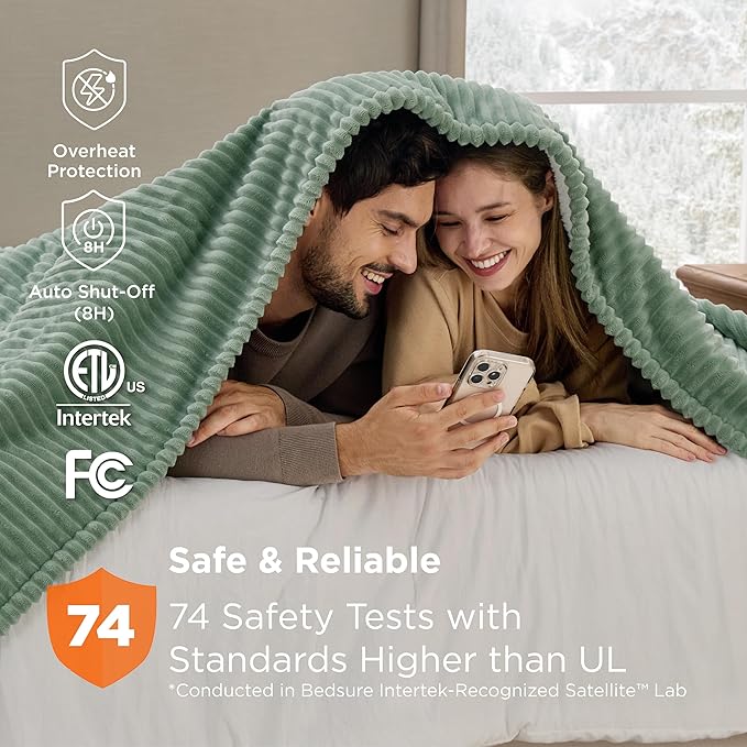 Bedsure GentleSoft Electric Blanket Queen Size - Soft Ribbed Flannel Heated Blanket with Dual Control, Heating with 10 Heat Settings & 10 Time Settings, 8 hrs Timer Auto Shut Off (84x90 inches, Green)