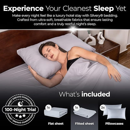 Silvery Silver Infused Bed Sheets Set - Ultra-Soft Temperature-Regulating Fabric with Self-Cleaning Technology™ That Stays Fresh 3X Longer for Hygienic Sleep - Ultra Soft Luxury Bedding Set