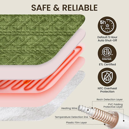 Heated Blanket Electric Blanket 50"x60", Soft Taffeta Sherpa Electric Throw with 5 Heating Level & 1-12 Hour Auto Off, Heated Throw with Overheating Protection, Machine Washable(Dark Green)