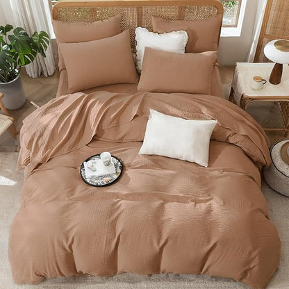 Queen Duvet Cover Set, Luxury Brushed Microfiber Double-Layer Crinkle Gauze Bown Duvet Cover, 3 Pieces Bedding for All-Season, Soft Breathable with Zipper Closure (No Comforter)
