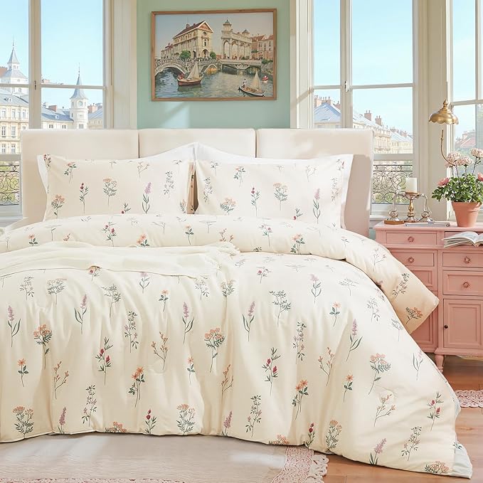 Cream Duvet Cover Set King Size 100% Washed Cotton Linen Like Textured Comforter Cover 3 Pcs Luxury Soft and Breathable Floral Duvet Cover with Zipper Closure