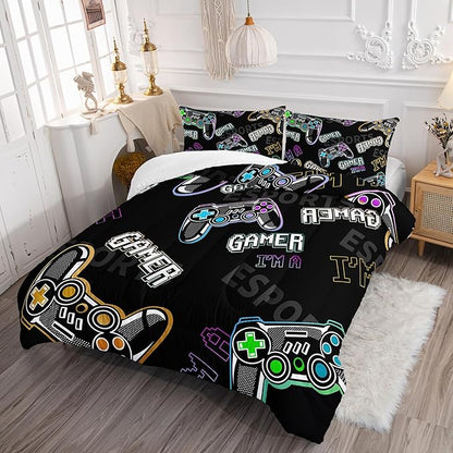 Gamer Console Theme Comforter 3Pcs Queen Games Contoller Esports Bedding Set for Kids Teens Boys Girls Adults 3D Video Game Gamepad Quilt Room Decor with 1 Comforter and 2 Pillowcases