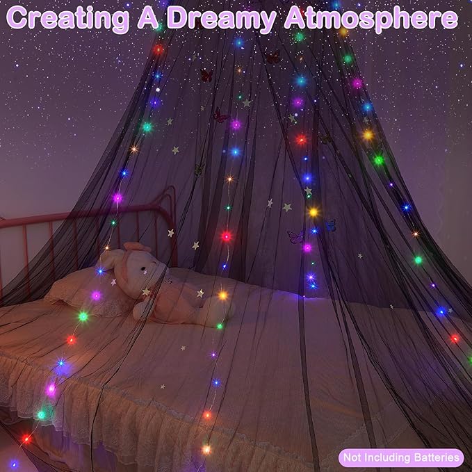 FIOBEE Bed Canopy for Girls Room Bed Canopy Curtains with Led Lights Mosquito Net DIY Princess Room Décor with Stars Butterflies for Kids Bedroom, Black