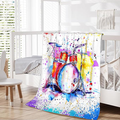 Music Blanket for Kids Teens Adults, 50x60 Inches Drum Kit Throw Blanket Gifts for Music Enthusiast Drummer Boys Girls, Cute Soft Fuzzy Flannel Music Themed Blanket Decor for Couch Sofa Bed