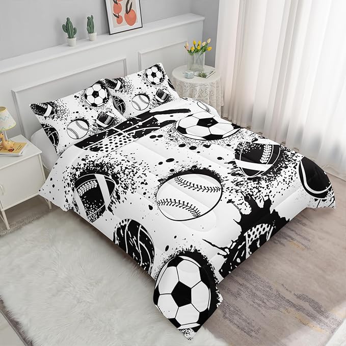Axolotl Ball Sports Comforter Set, Football Soccer Bedding, Baseball Comforter Set, Hip Hop Graffiti Artwork Bedding for Boys Kids Men, 1 Quilt 2 Pillowcases
