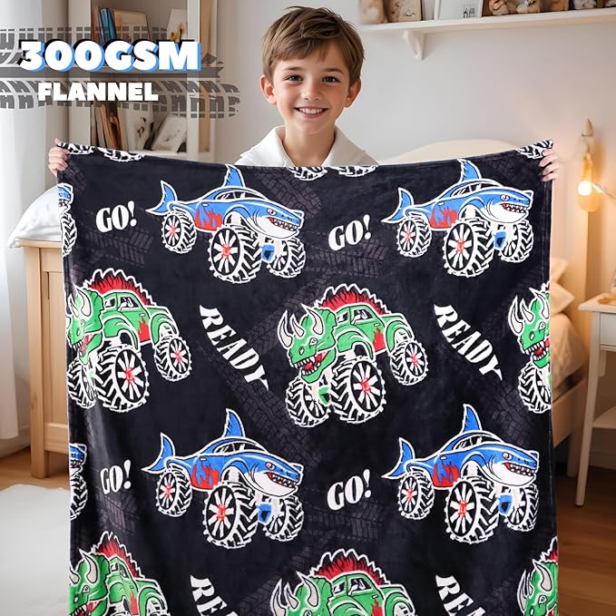 BORORO Glow in The Dark Truck Dinosaur & Shark Blanket - Excavator Construction Car Gifts for Boys Age 3-12, Soft Fleece Luminous Tractor Throw Blanket for Kids Room Decor 50"×60"