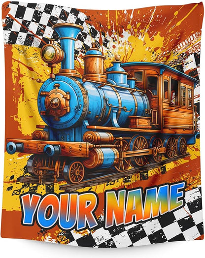 Blanket for Boys, Personalized Train Throw Blanket Gifts for Kids Boys Age 6-8, 40"x50" Cute Custom Flannel Blankets Gift for Son Cars Lovers Lightweight Throws for Couch Sofa Bed Decor