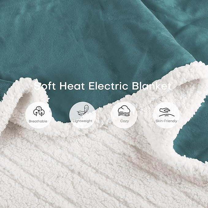 Electric Heated Blanket Twin Size 62"x84" - Dual-Sided with Microplush & Sherpa Fabric, 4 Heat Settings & 10 Hours Auto Off, Machine Washable - Teal Green