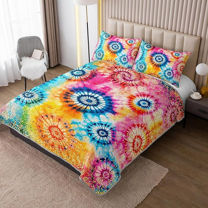 Colorful Tie Dye Quilt Sets King Size,Bohemian Art Style Watercolor Bedding for Adults Kids Girls Boys Teens Bedroom,Soft Lightweight Microfiber Quilt with 2 Pillowcases.