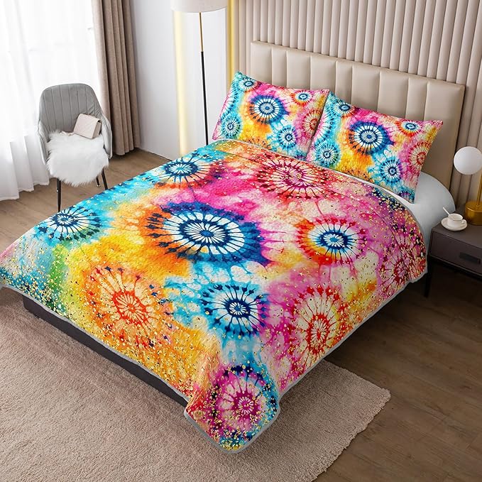 Colorful Tie Dye Quilt Sets Queen Size,Bohemian Art Style Watercolor Bedding for Adults Kids Girls Boys Teens Bedroom,Soft Lightweight Microfiber Quilt with 2 Pillowcases.