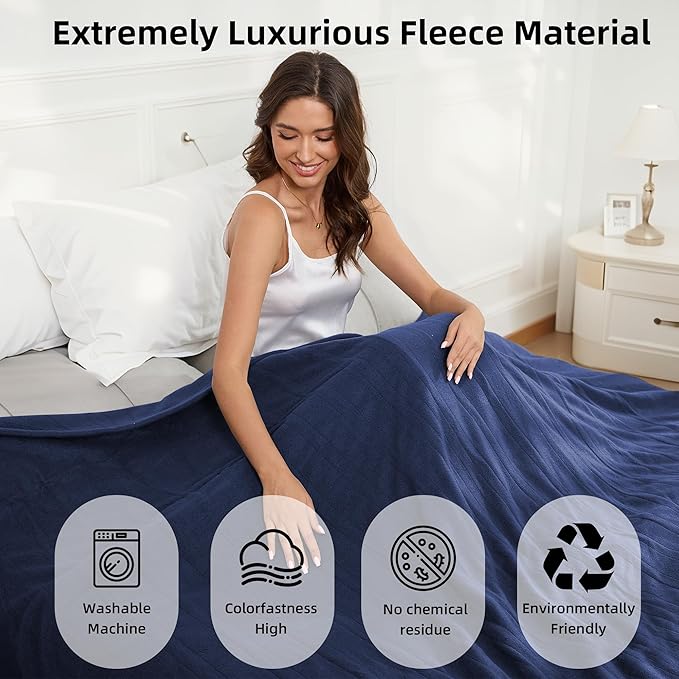 Electric Heated Blanket Full Size 72''x84'' Fleece Fabric Machine Washable Warm and Cozy, 4 Heating Levels & 10H Auto-Off, Dark Blue