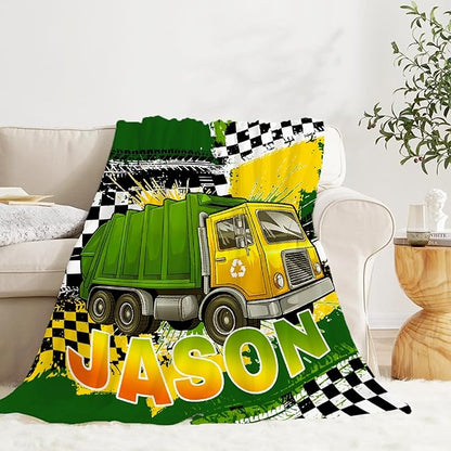 Custom Garbage Truck Blanket, Personalized Truck Gifts for Kids, Car Themed Flannel Blankets with Name, Soft Cozy Lightweight Throws Gifts for Truck Lovers & Boys 60x50 Inch for Teen