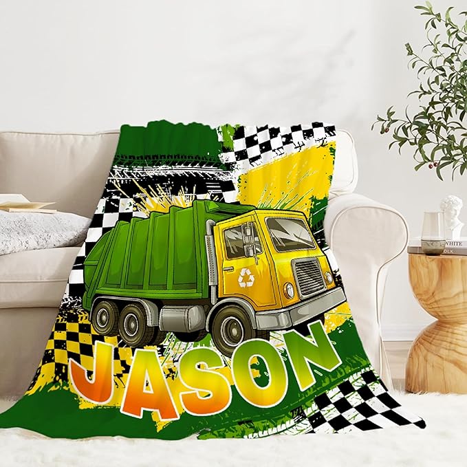 Custom Garbage Truck Blanket, Personalized Truck Gifts for Kids, Car Themed Flannel Blankets with Name, Soft Cozy Lightweight Throws Gifts for Truck Lovers & Boys 120x90 Inch for Family
