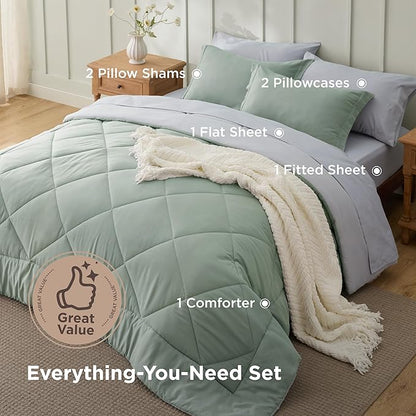 Bedsure King Size Comforter Set - 7 Pieces Reversible Sage Green Bedding, King Size Bed Set for All Seasons, Bed in a Bag with Down Alternative Comforter, Sheets, Pillowcases & Shams