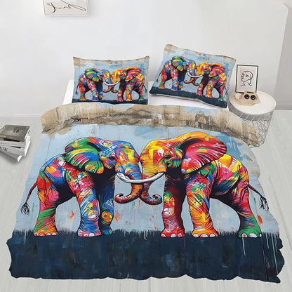 Elephant Duvet Cover Queen Size, Fun Colorful Elephant Bedding Set 3 Piece Bedroom Decor Wildlife Graffiti Art Comforter Cover with Zipper Ties & 2 Pillowcases