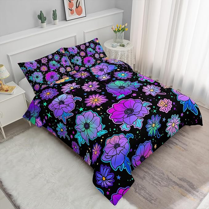 Axolotl Neon Floral Bedding Set Twin,Gradient Floral Comforter Set for Girls,Colorful Flower Bedding Set Stars,Galaxy Series Comforter for Kids Boys Girls Teens Adults,1 Quilt 2 Pillowcases,Black