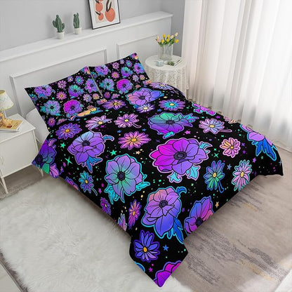 Axolotl Neon Floral Bedding Set Twin,Gradient Floral Comforter Set for Girls,Colorful Flower Bedding Set Stars,Galaxy Series Comforter for Kids Boys Girls Teens Adults,1 Quilt 2 Pillowcases,Black